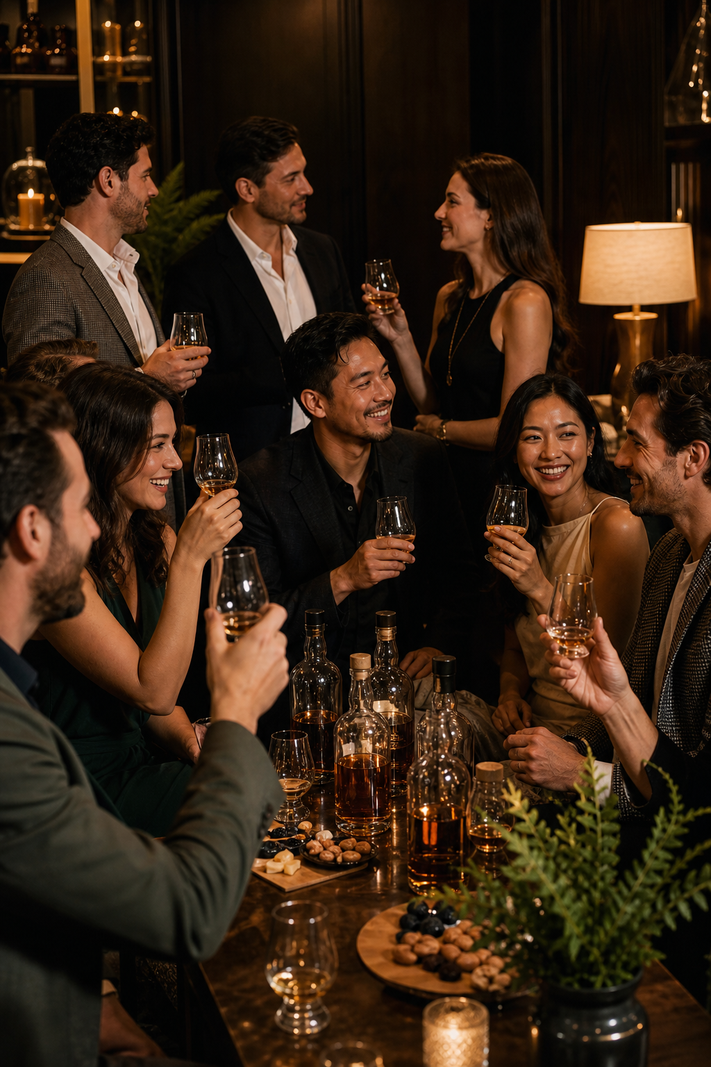 Adult friends enjoying a whisky tasting party