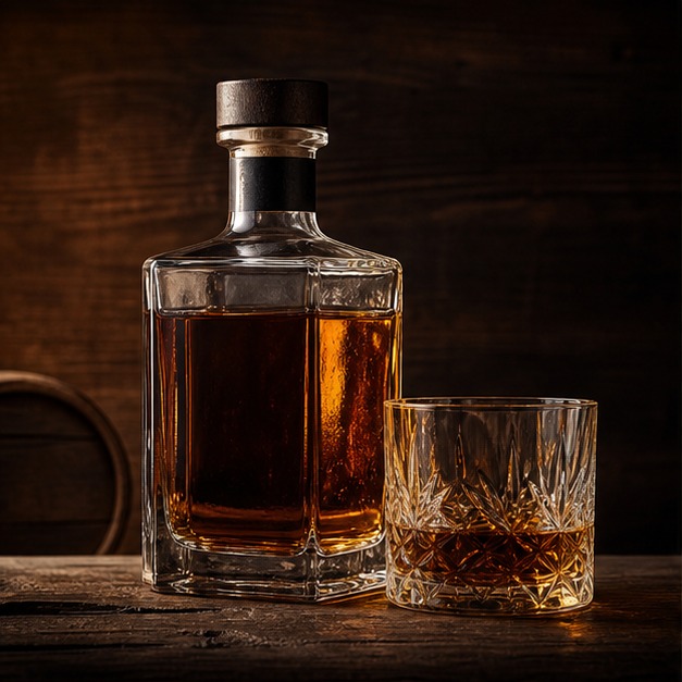 Whisky bottle and tasting glass in a warm cellar setting